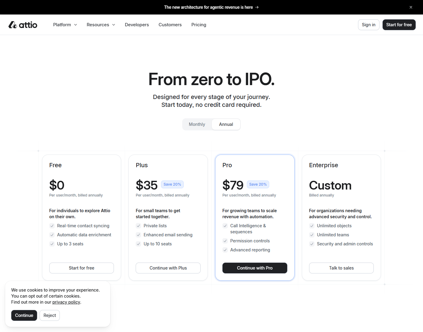 Attio's pricing page: Free, Plus ($35), Pro ($79) and Enterprise, with the "no credit card required" promise under the hero.