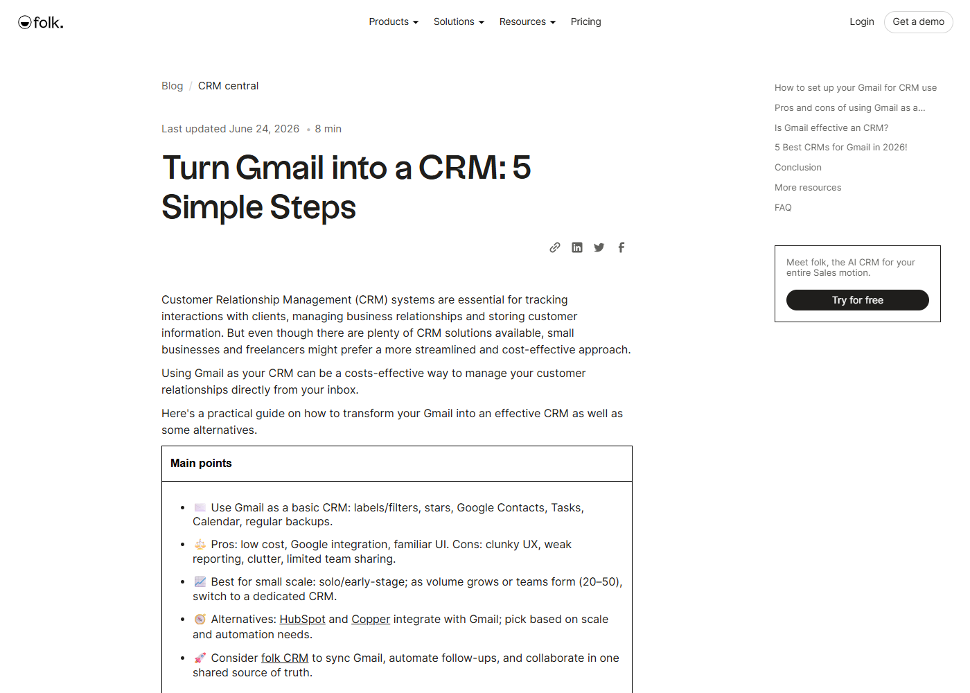 folk's own article "Turn Gmail into a CRM: 5 Simple Steps" — the pitch is to connect, not replace, Gmail.