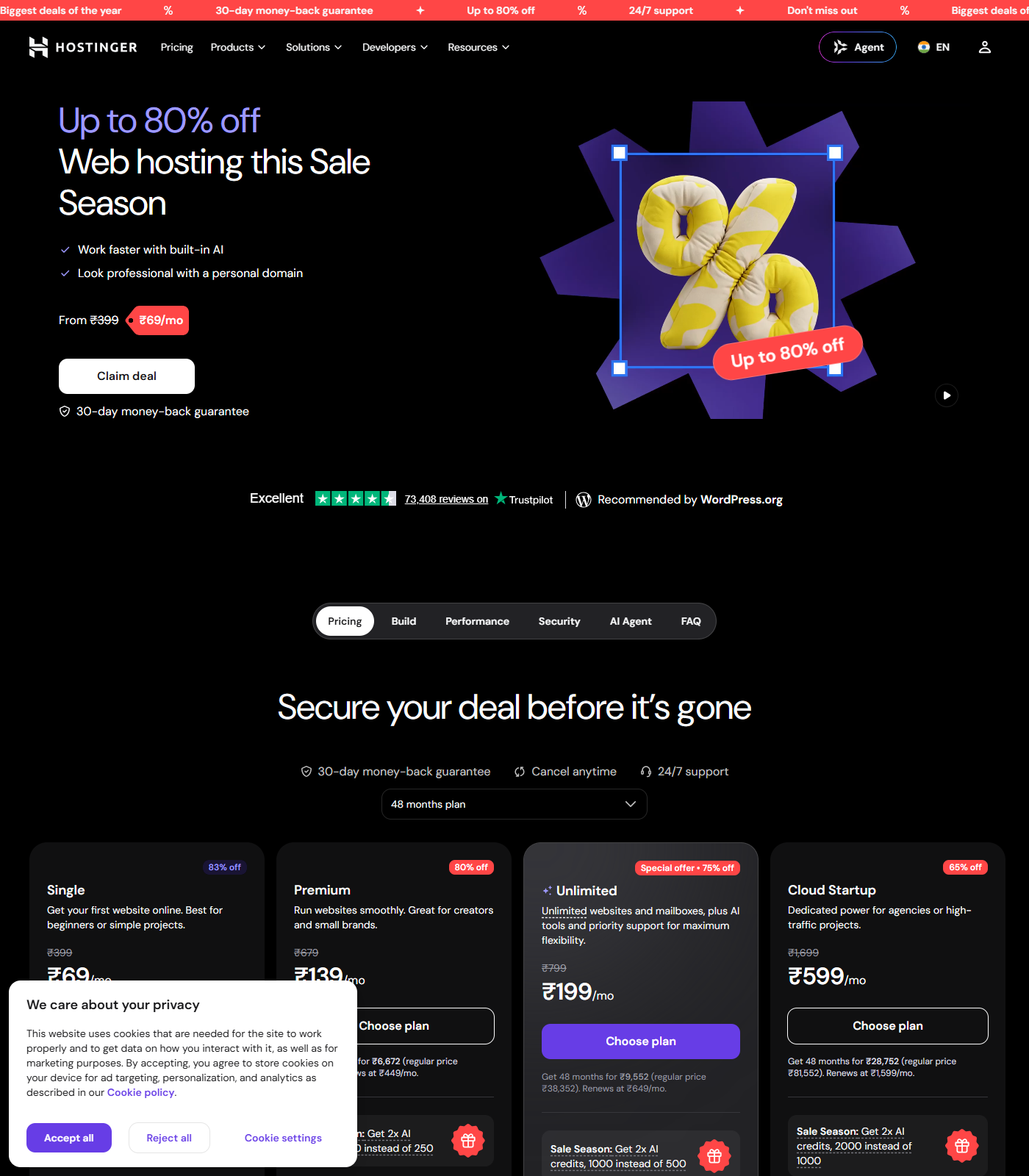 Hostinger India's shared-hosting pricing page: Single plan Rs 69/mo, Premium Rs 139/mo, Unlimited Rs 199/mo, Cloud Startup Rs 599/mo. All prices for a 48-month commitment.